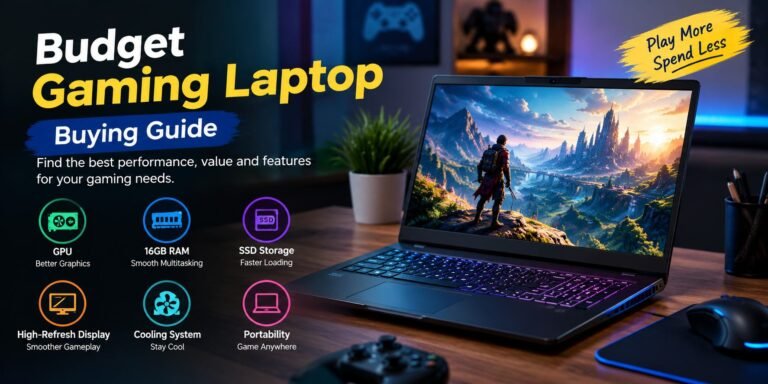 Budget gaming laptop with GPU, 16GB RAM, SSD storage, high-refresh display, and cooling features