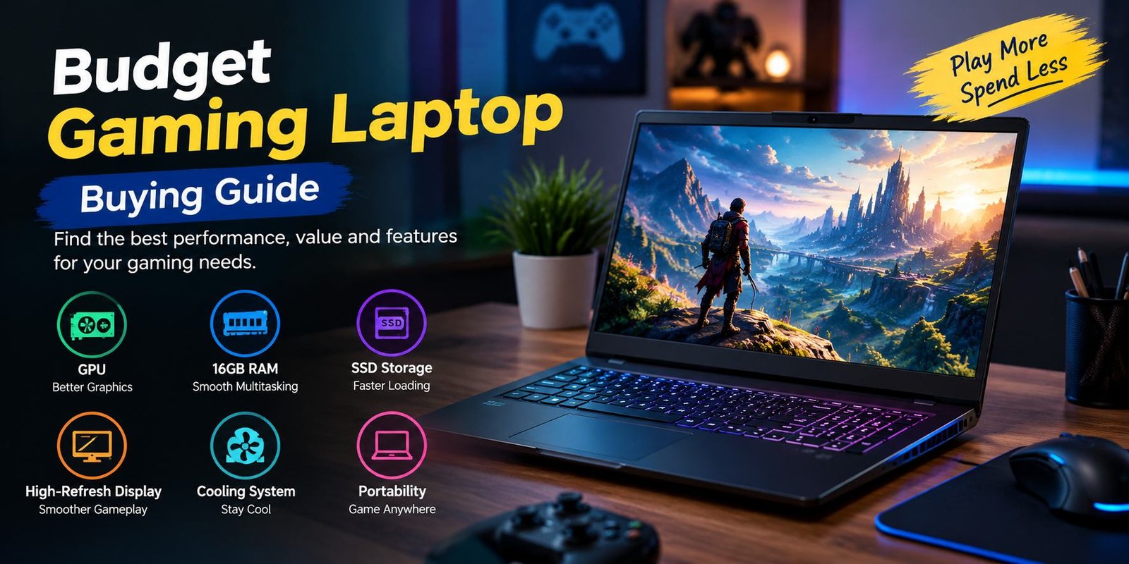 Budget gaming laptop with GPU, 16GB RAM, SSD storage, high-refresh display, and cooling features
