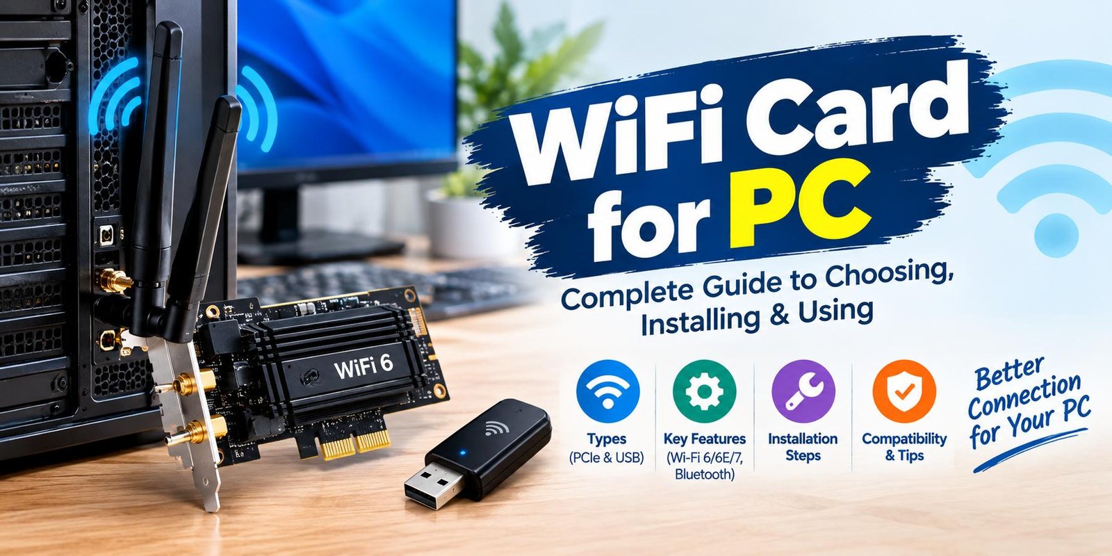 WiFi card for PC with PCIe adapter, USB Wi-Fi adapter, antennas, and wireless connectivity