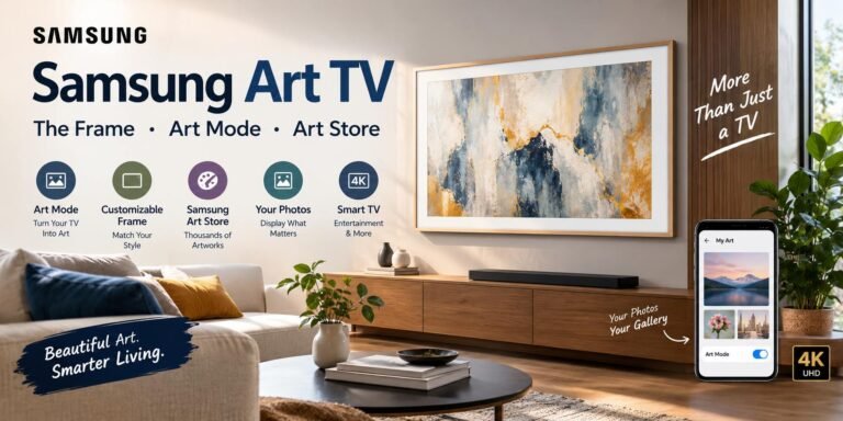 Samsung Art TV with The Frame design displaying artwork in a modern living room