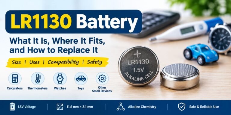 LR1130 battery showing 1.5V voltage, dimensions, common uses, compatibility, and replacement information.
