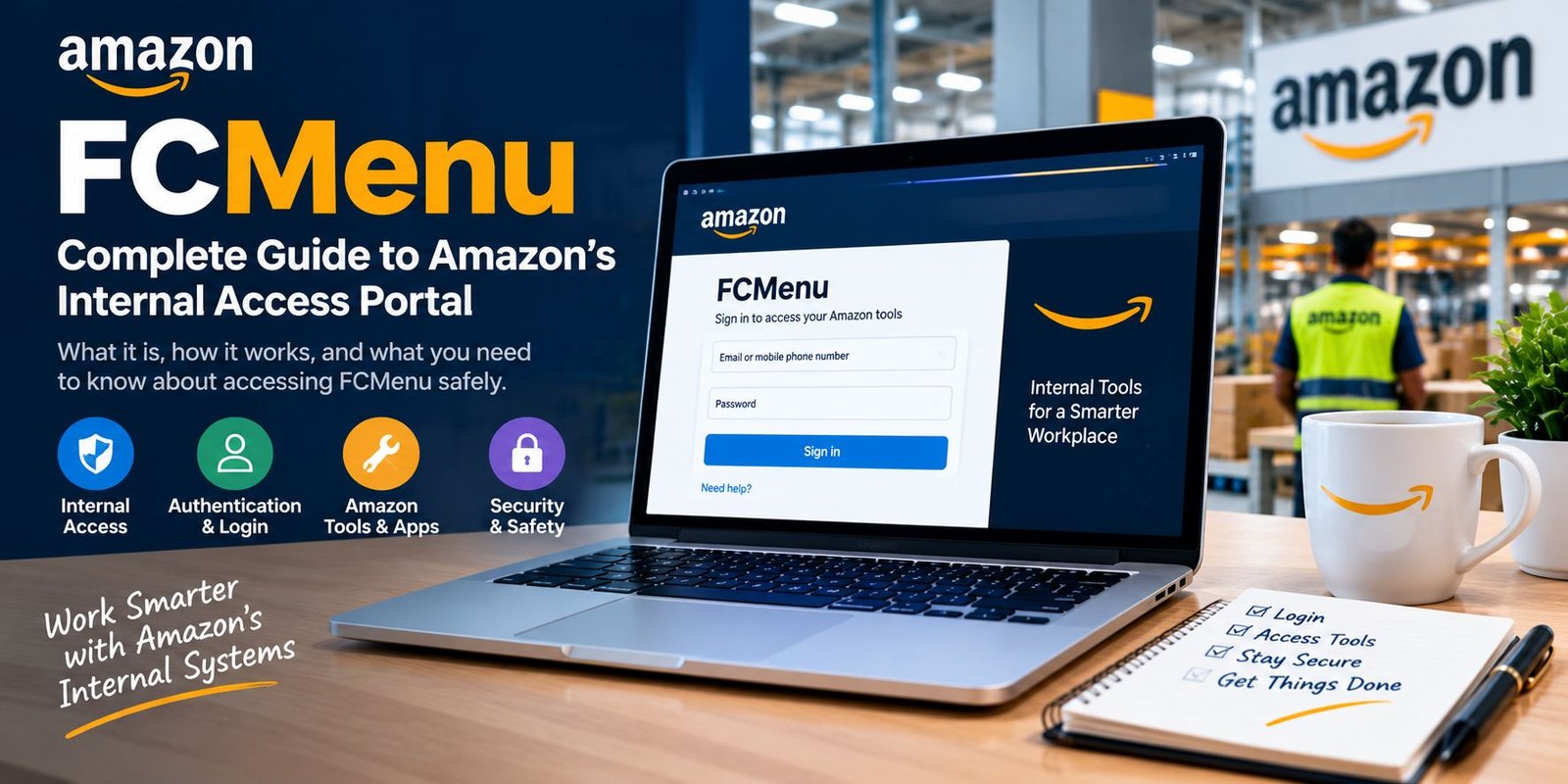 FCMenu Amazon internal access portal shown on a laptop with authentication, security, and workplace tool icons.
