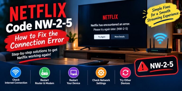 Netflix code NW-2-5 connection error displayed on a TV with a Wi-Fi router and troubleshooting steps.