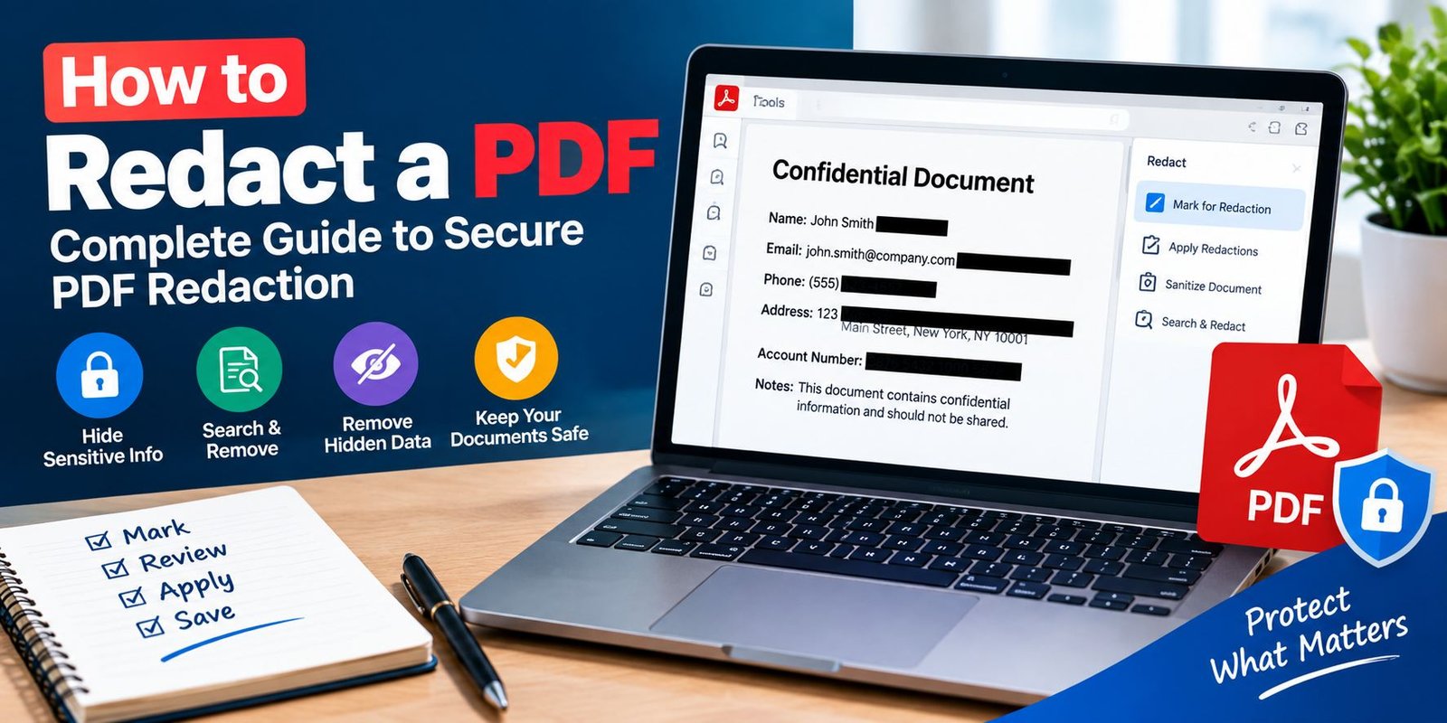 How to redact a PDF showing a confidential document with sensitive information permanently hidden using PDF redaction tools.