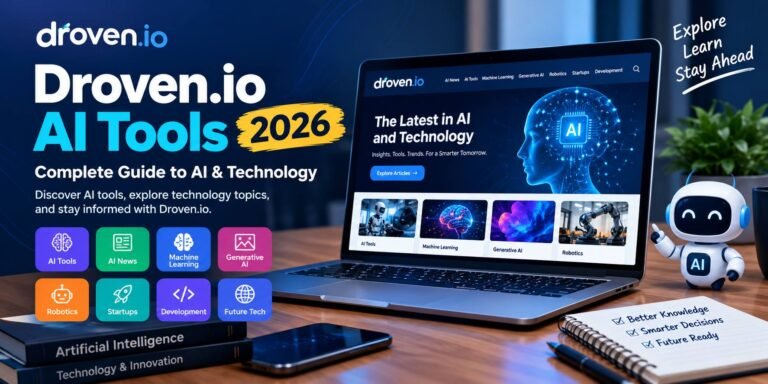 Droven.io AI Tools 2026 featuring artificial intelligence, machine learning, generative AI, robotics, and technology on a laptop.
