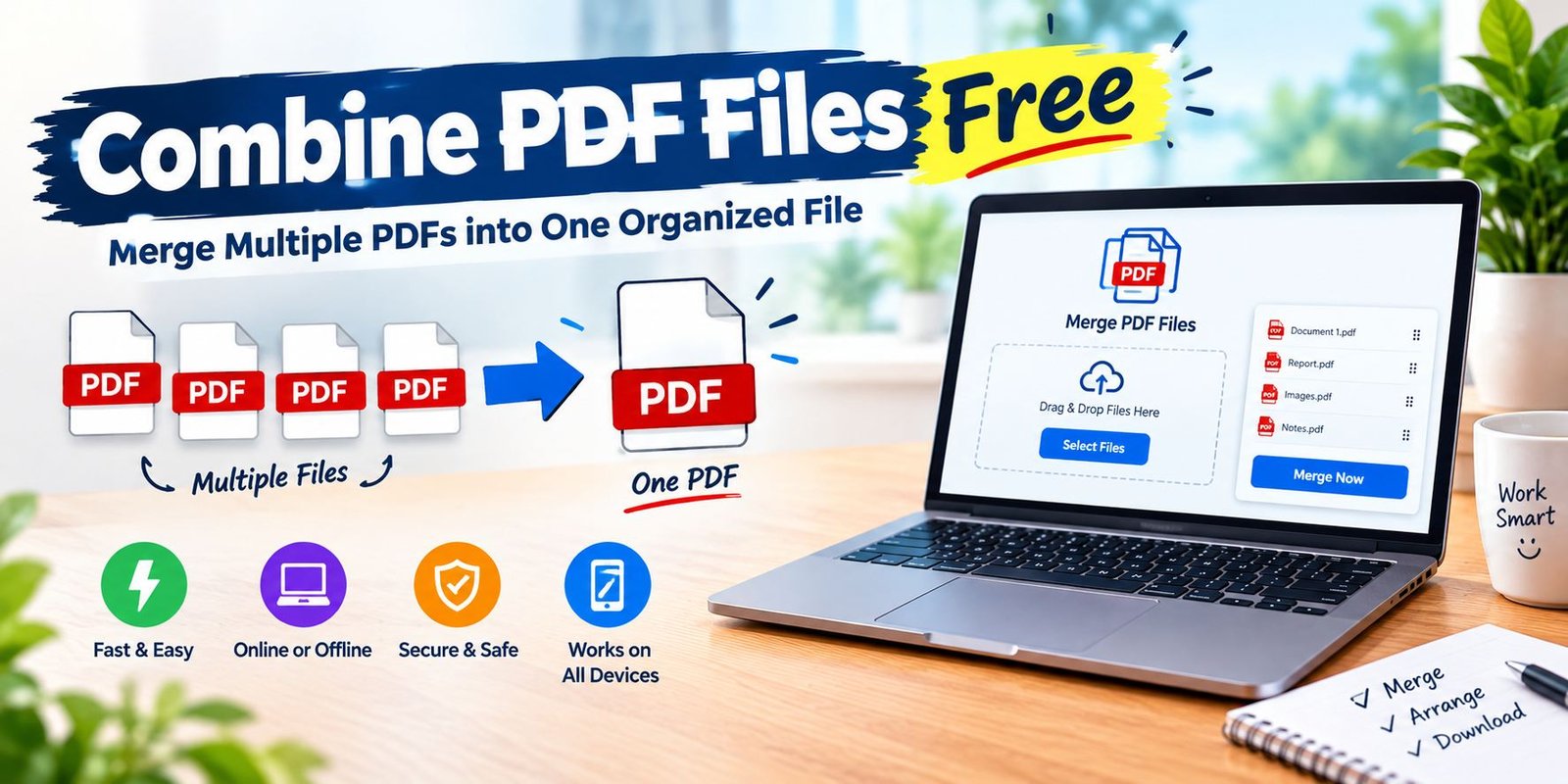 Combine PDF files free by merging multiple PDF documents into one organized file.