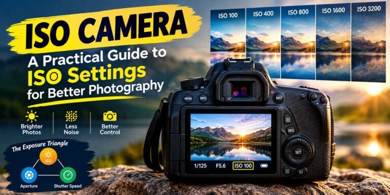 ISO camera settings guide showing a DSLR camera, ISO 100 to 3200 comparison, exposure triangle, aperture, and shutter speed.