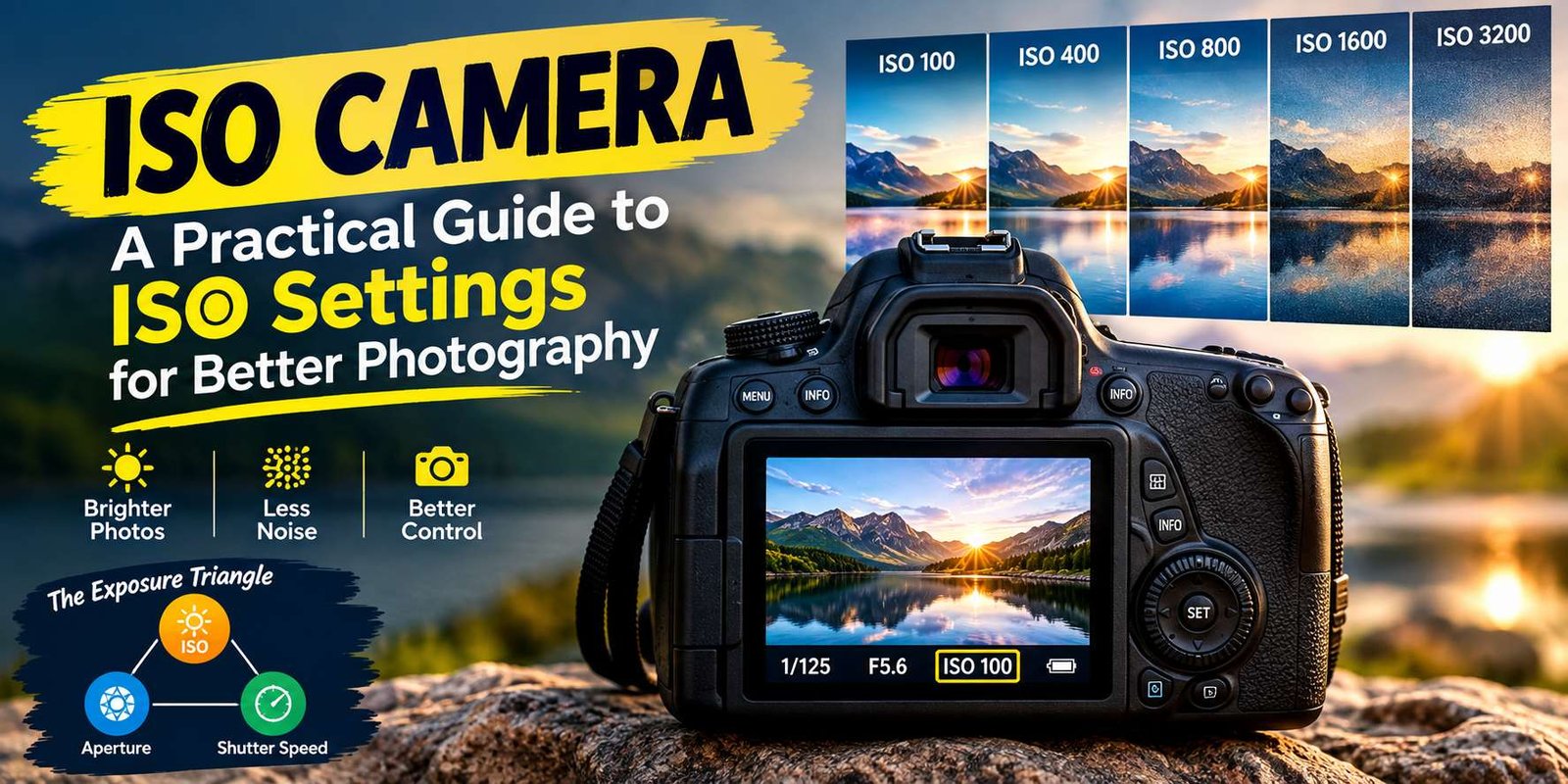 ISO camera settings guide showing a DSLR camera, ISO 100 to 3200 comparison, exposure triangle, aperture, and shutter speed.
