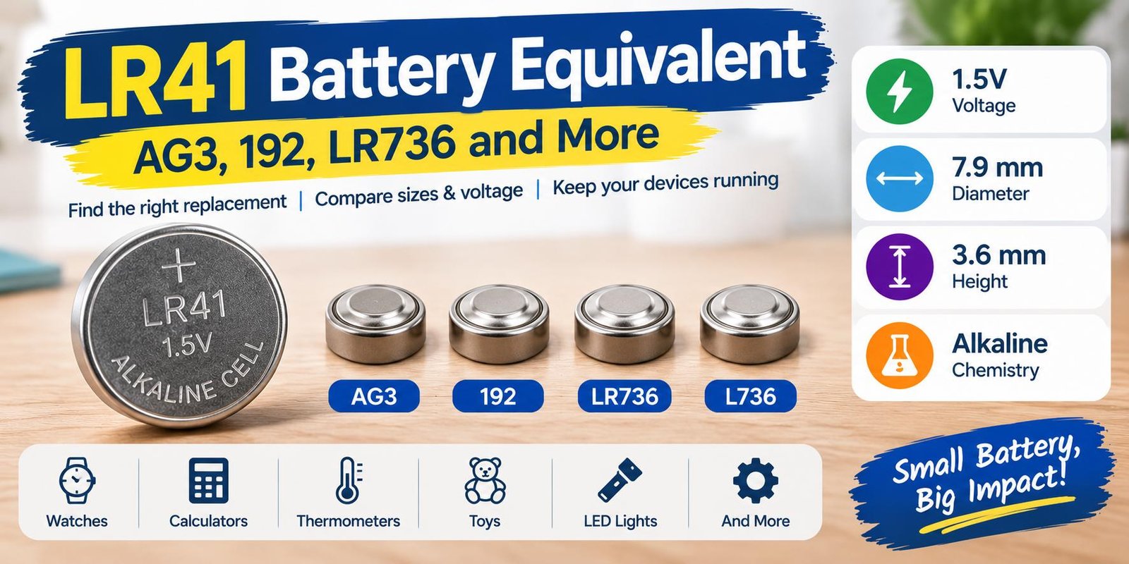 LR41 battery equivalent with AG3, 192, LR736, and L736 button batteries shown with size and voltage specifications.