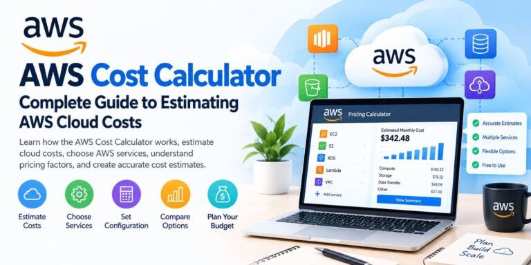 AWS Cost Calculator showing cloud service pricing, cost estimates, and AWS cloud computing options on a laptop dashboard.