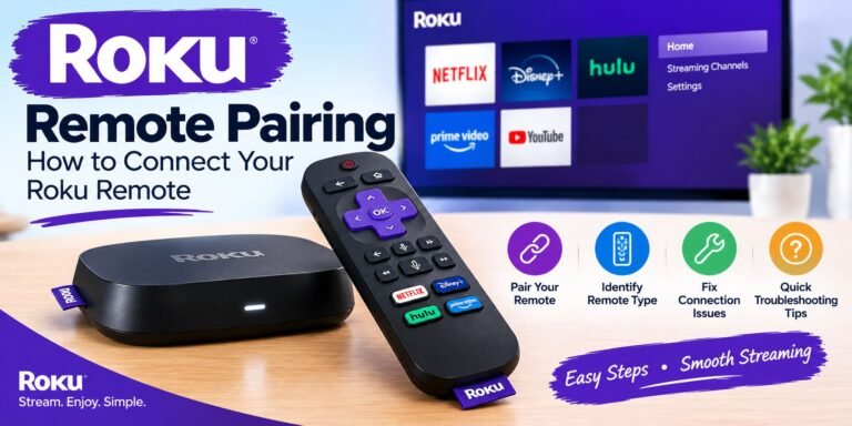 Roku remote pairing guide showing a Roku remote and streaming device connection process.