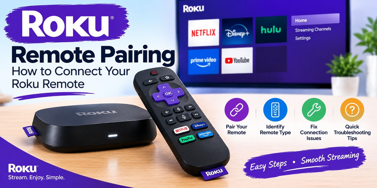 Roku remote pairing guide showing a Roku remote and streaming device connection process.