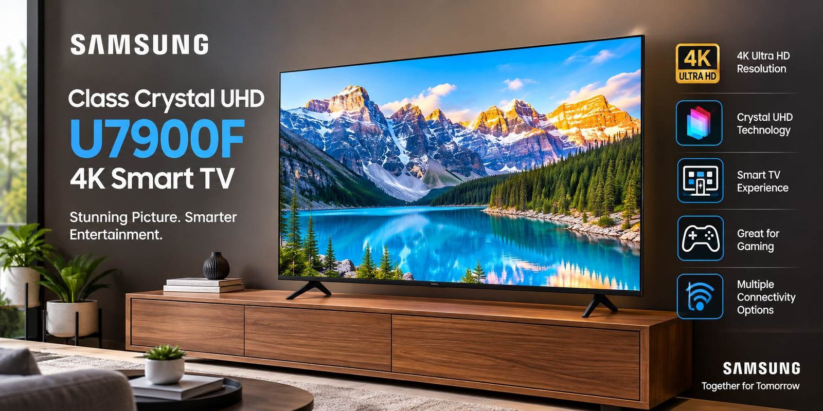 Samsung Class Crystal UHD U7900F 4K Smart TV in a modern living room