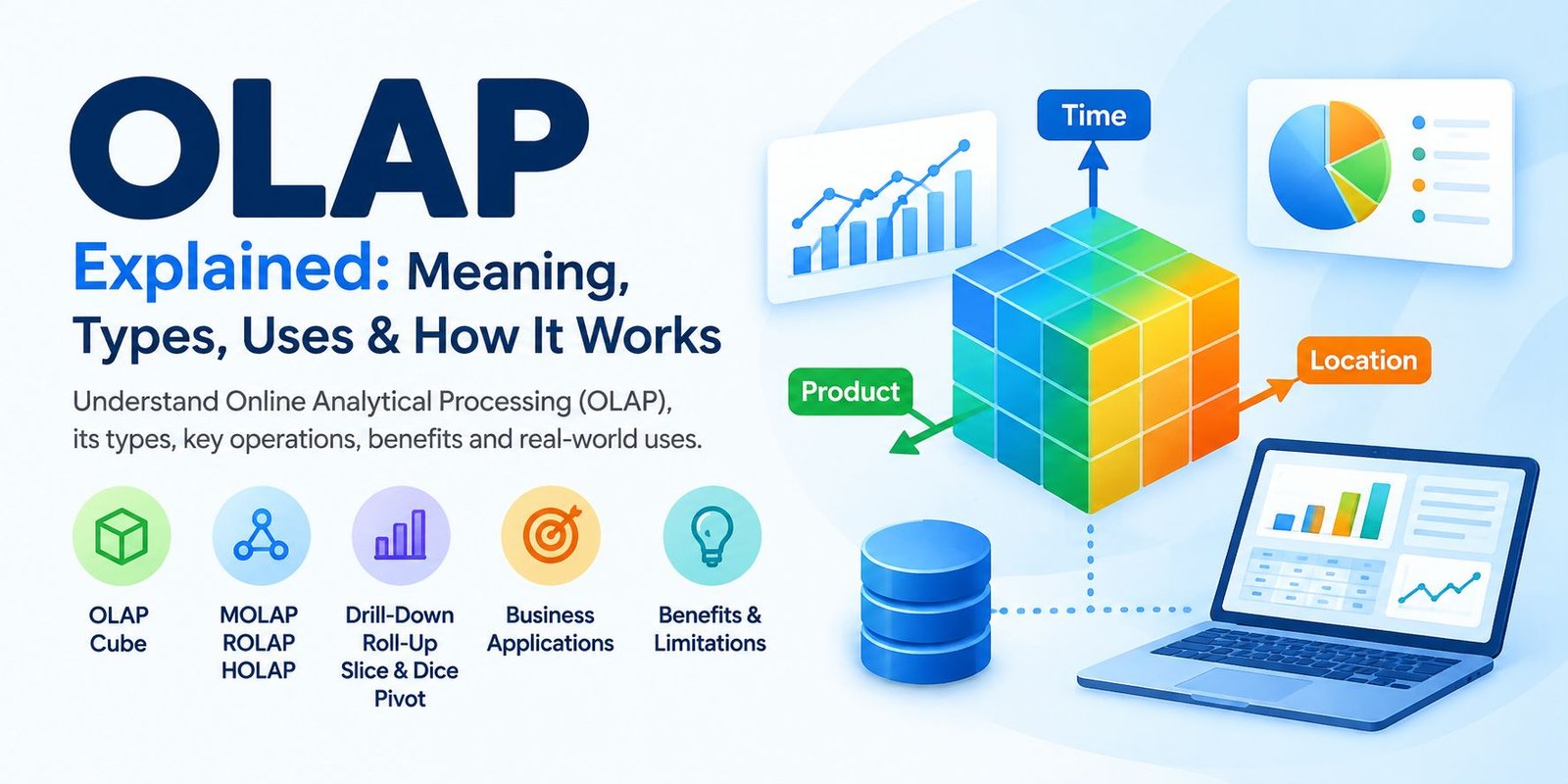 OLAP Online Analytical Processing cube with data analytics charts and business intelligence concepts