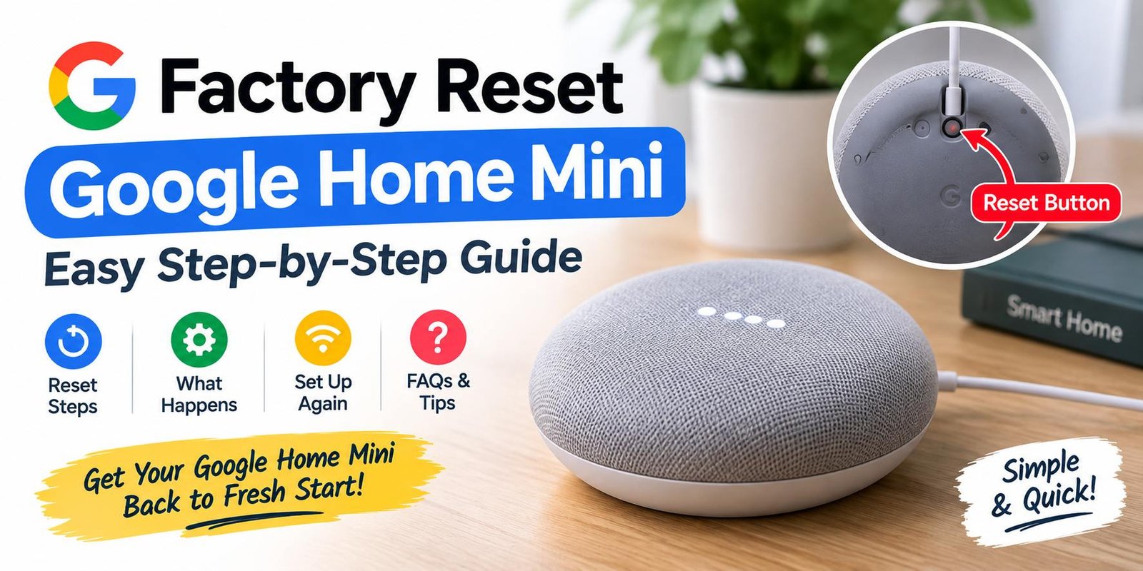 Factory reset Google Home Mini with reset button and step-by-step setup guide