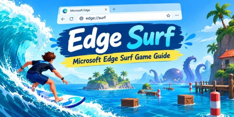 Microsoft Edge Surf game featuring a surfer, ocean obstacles, tropical islands, and Kraken