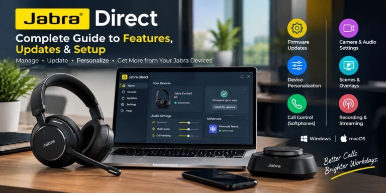 Jabra Direct software showing headset management, firmware updates, device settings, and call controls