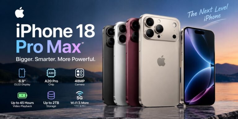 iPhone 18 Pro Max with advanced camera, A20 Pro chip, large OLED display, and long battery life