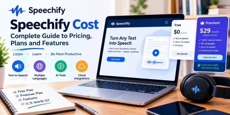Speechify cost guide showing Free and Premium pricing plans, text-to-speech features, AI tools, and voice options.