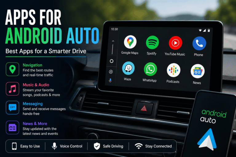 Apps for Android Auto including navigation, music, messaging, and podcasts