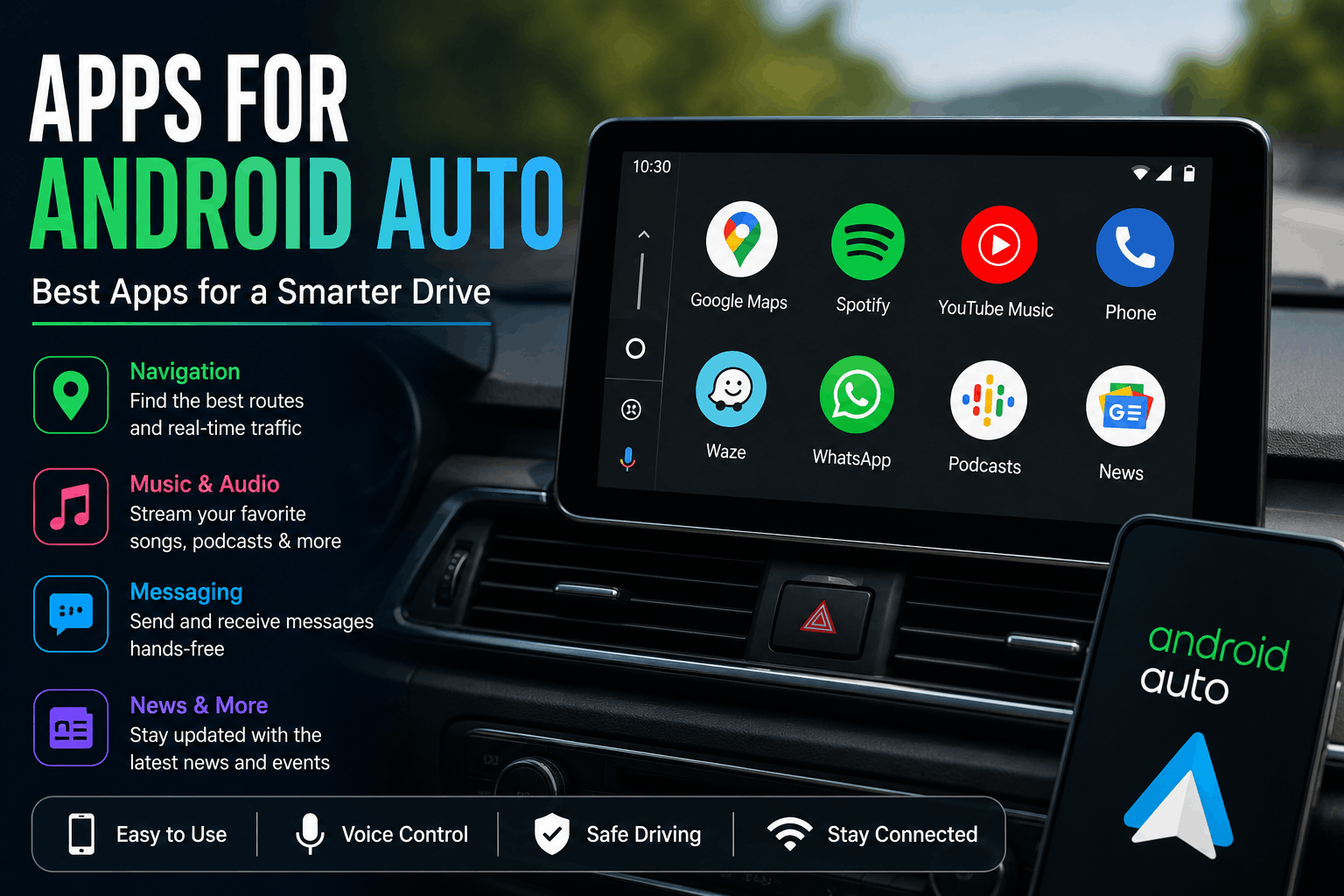 Apps for Android Auto including navigation, music, messaging, and podcasts