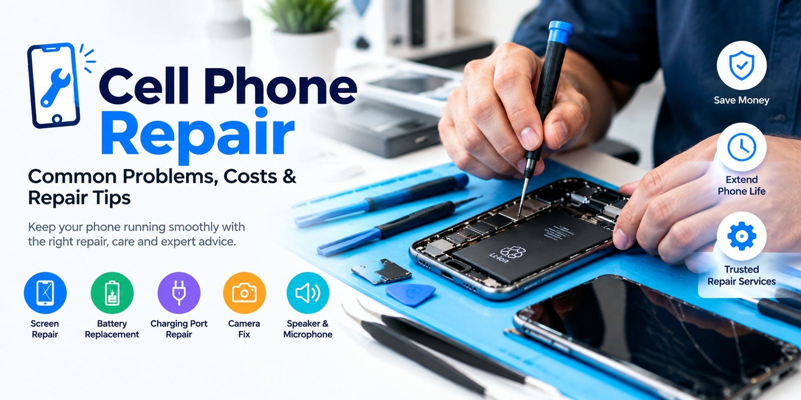 Cell phone repair service for screen, battery, charging port, camera, and speaker issues