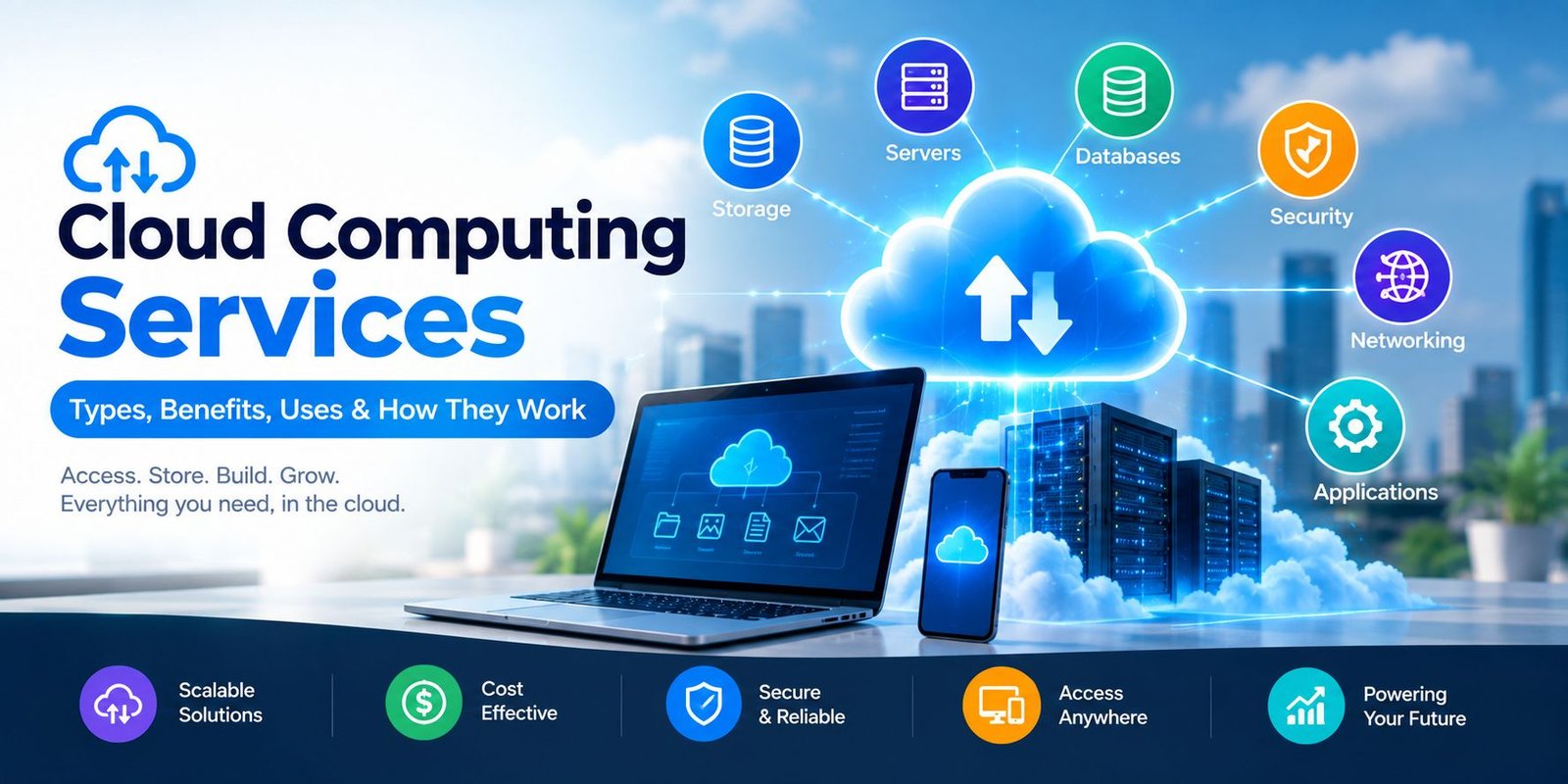 Cloud computing services with cloud storage, servers, databases, security, and networking
