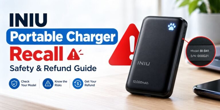 INIU portable charger recall showing BI-B41 power bank, safety warning, and refund guide