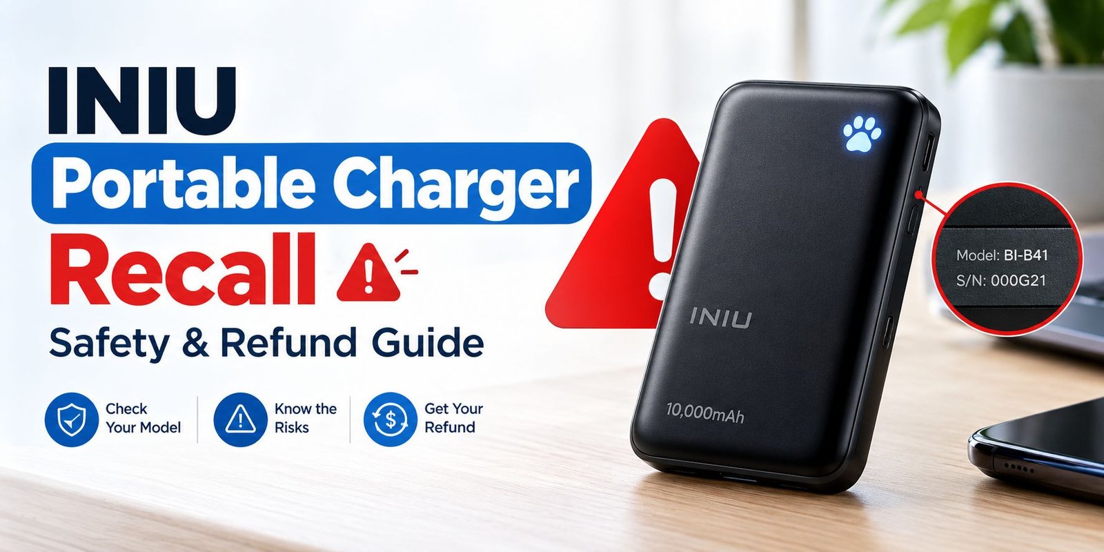 INIU portable charger recall showing BI-B41 power bank, safety warning, and refund guide