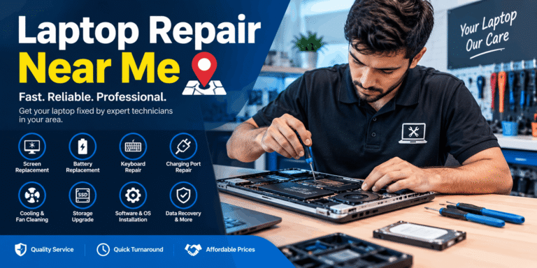 Laptop repair near me service with a technician repairing a laptop