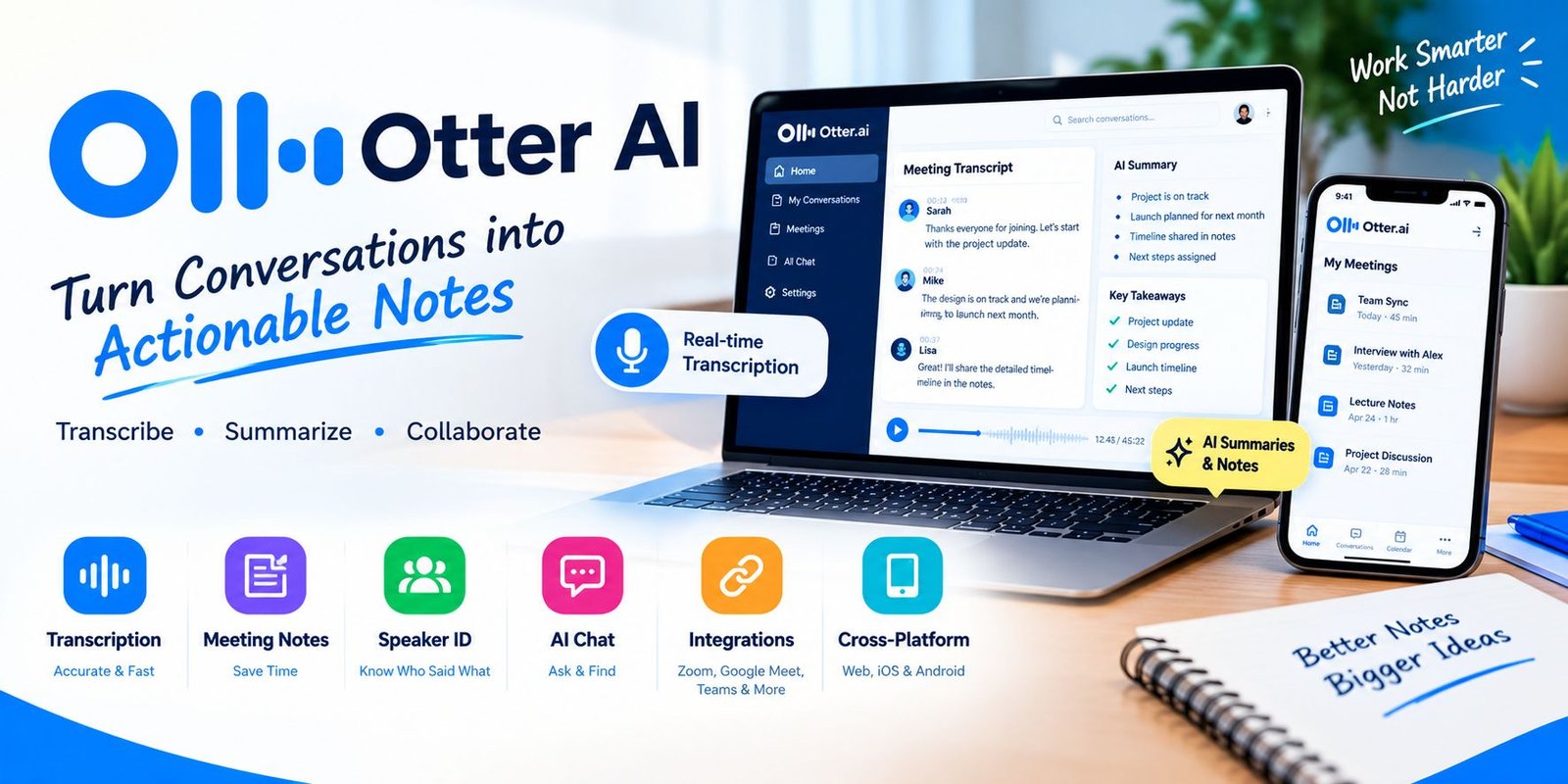 Otter AI for real-time transcription, meeting notes, speaker identification, and AI summaries