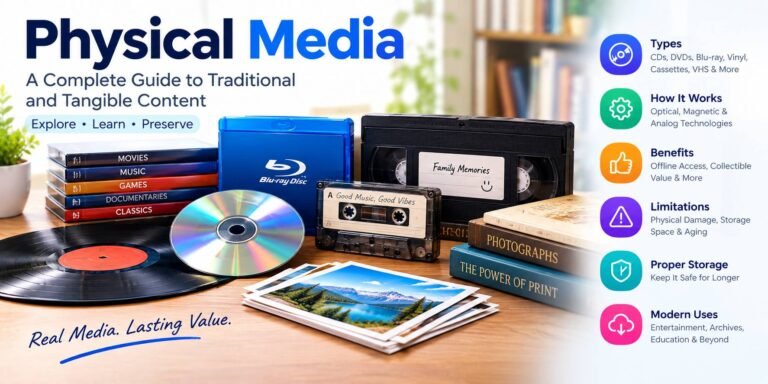 Physical media featuring CDs, DVDs, Blu-ray discs, vinyl records, cassette tapes, VHS tapes and books