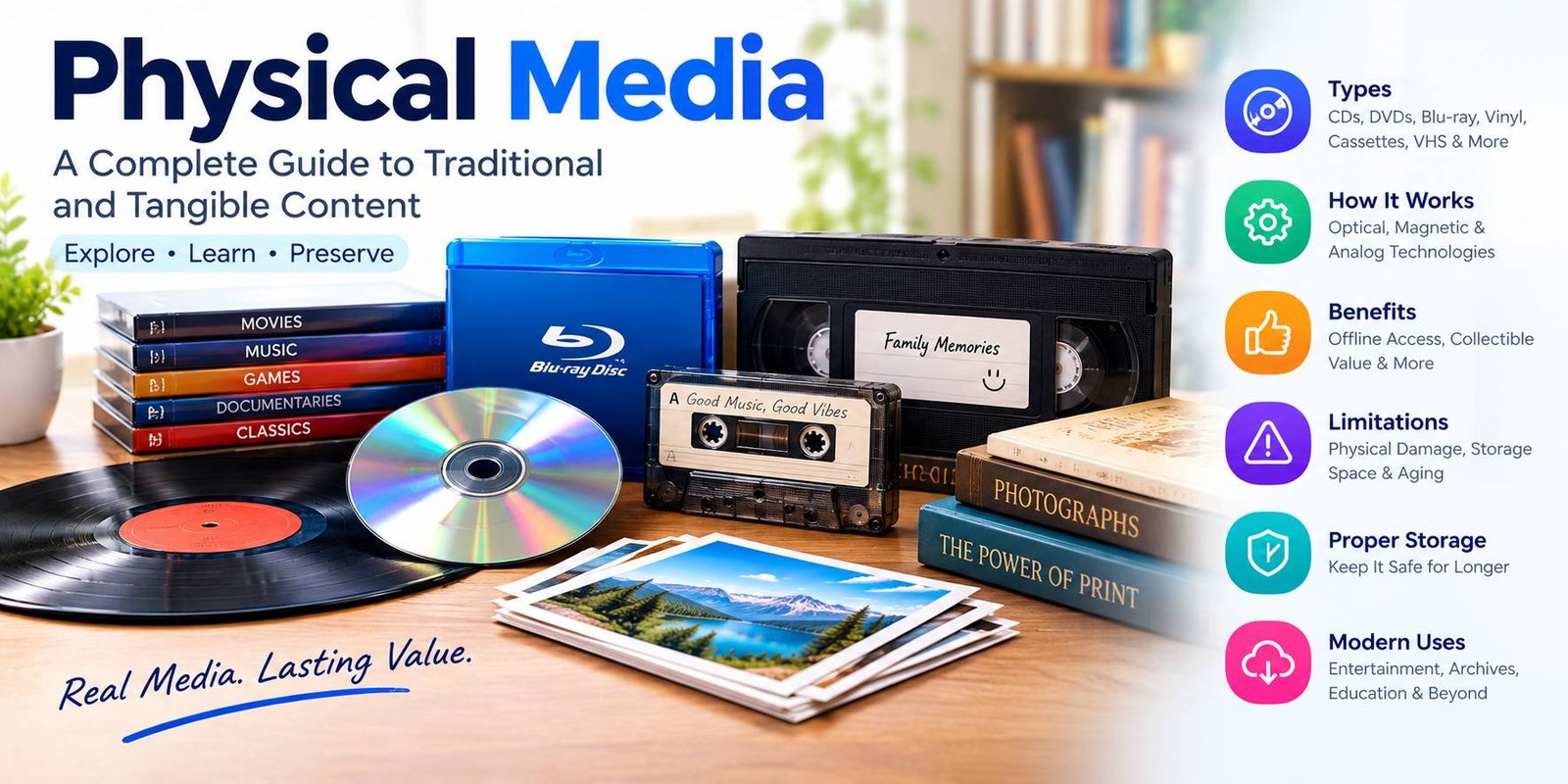 Physical media featuring CDs, DVDs, Blu-ray discs, vinyl records, cassette tapes, VHS tapes and books