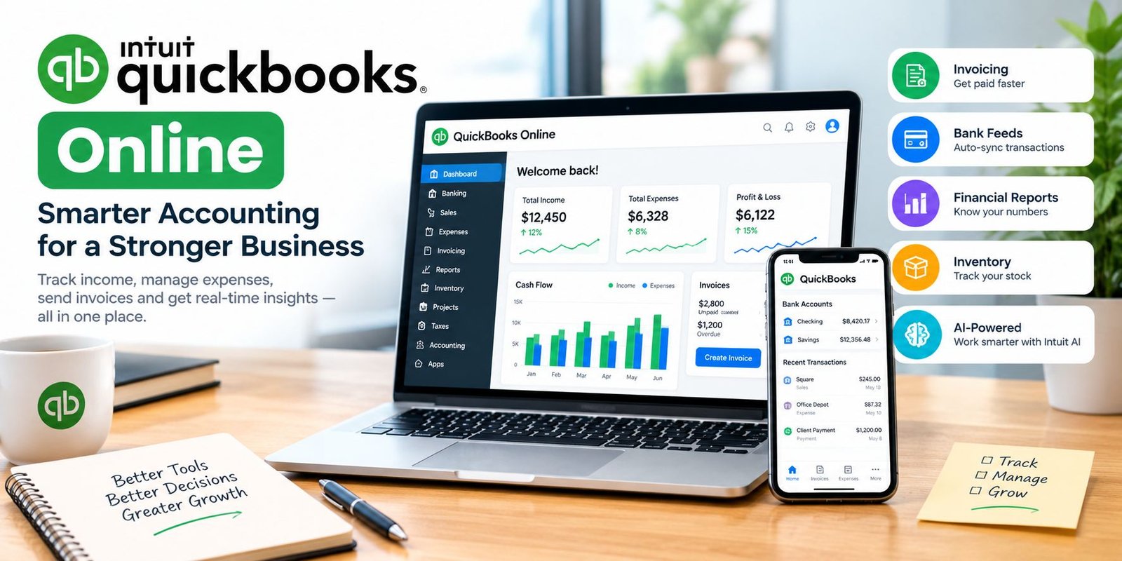 QuickBooks Online accounting software dashboard for managing business finances