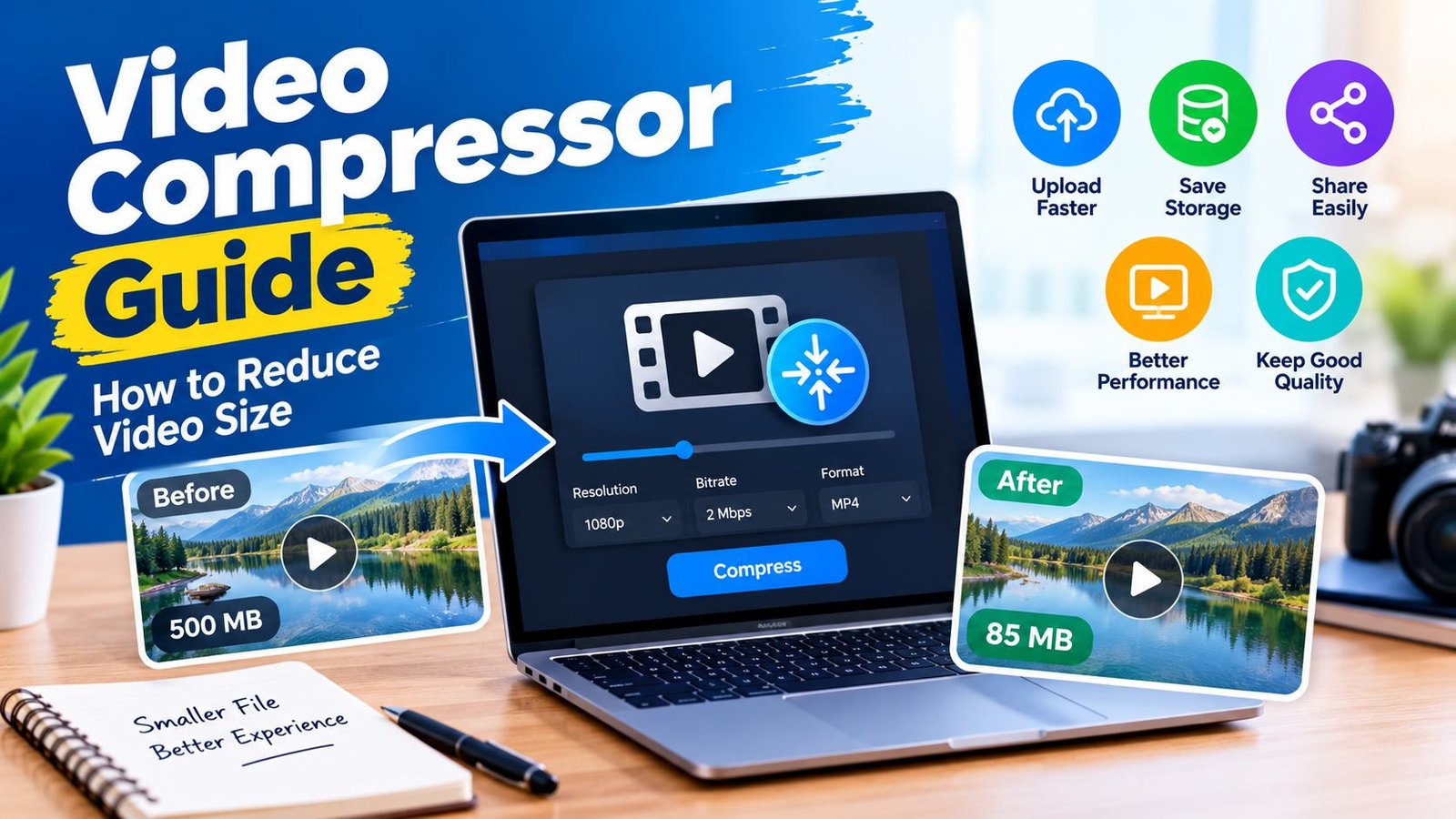 Video compressor guide showing how to reduce video file size while keeping good quality