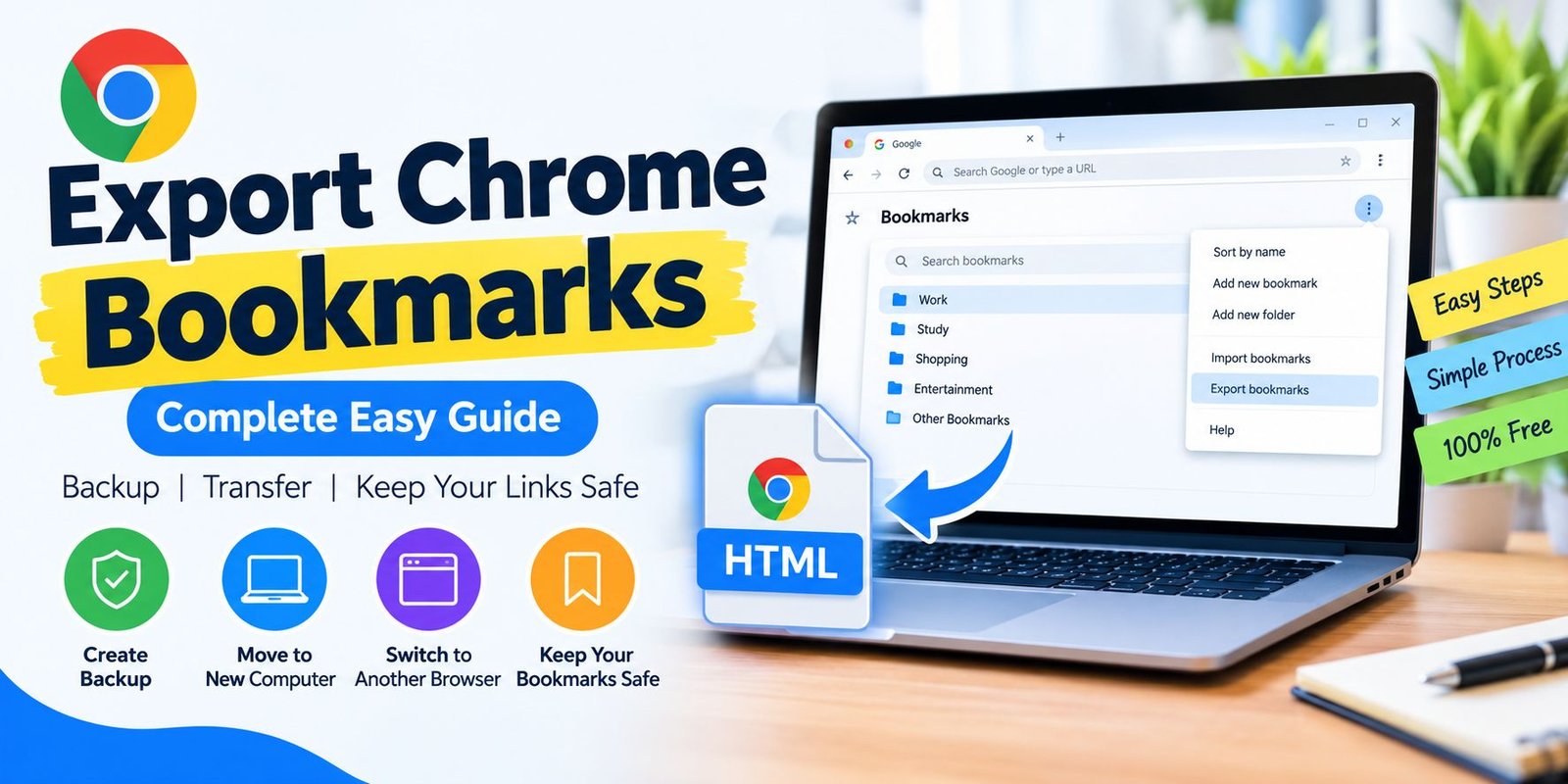 Export Chrome bookmarks as an HTML file for backup and transfer