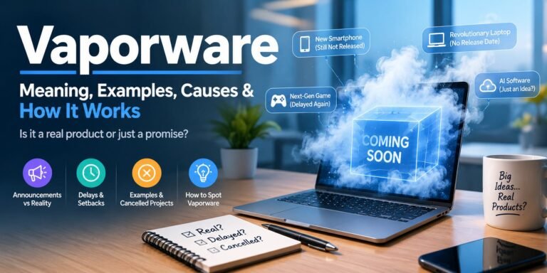 Vaporware technology concept showing a coming soon product, delayed devices, unreleased software, and technology announcements.