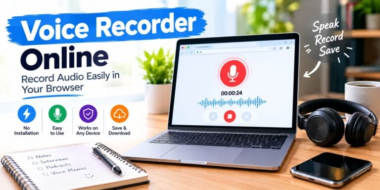 Voice recorder online on a laptop showing a browser-based audio recording interface with microphone, waveform, and recording controls.