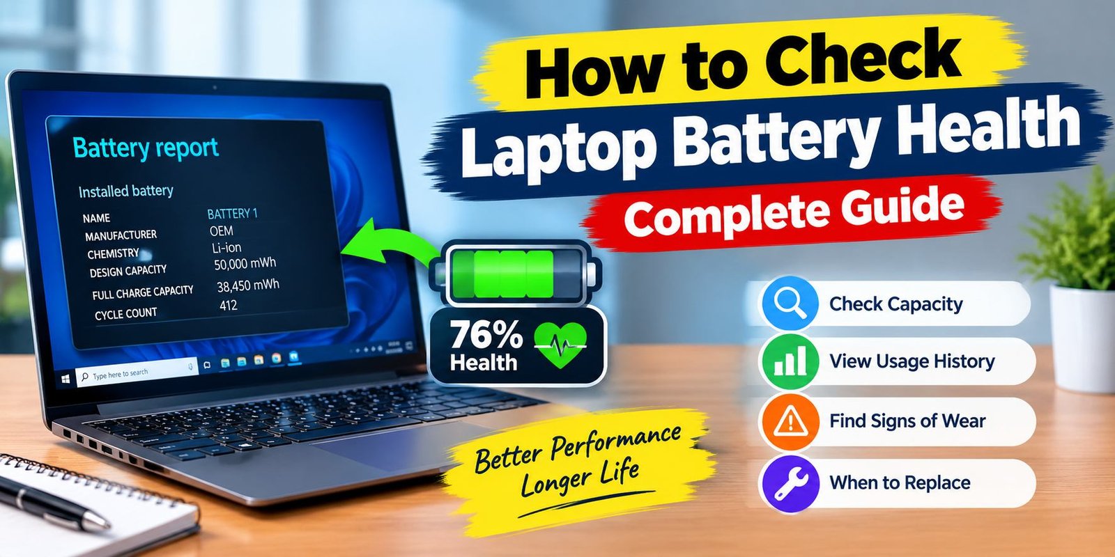 How to check laptop battery health on Windows and Mac, showing battery report, capacity, usage history, and battery condition.