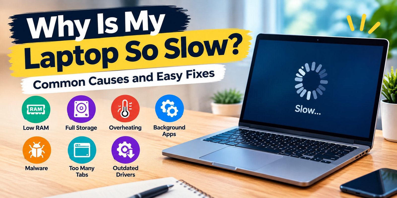 Why is my laptop so slow showing common causes such as low RAM, full storage, overheating, and background apps.