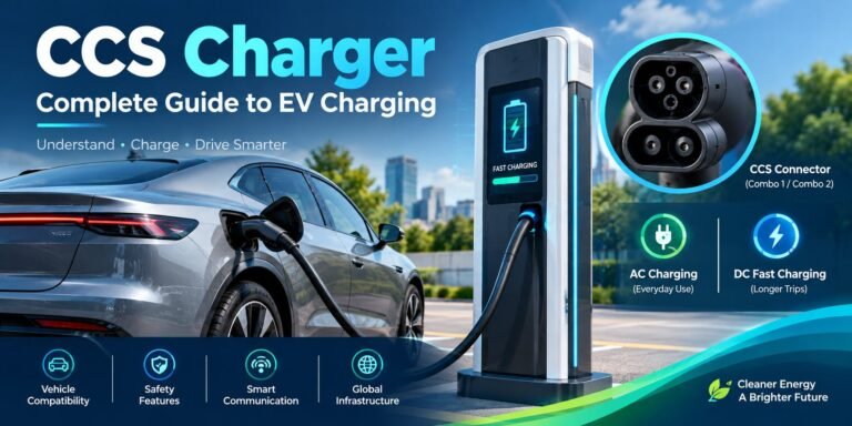 CCS Charger connected to an electric vehicle showing AC and DC charging features