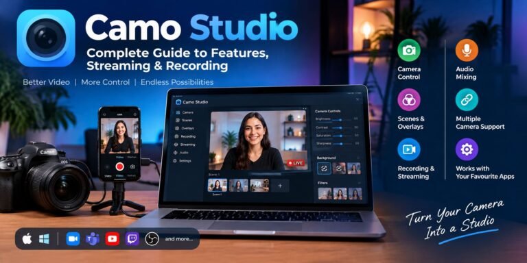 Camo Studio software showing camera controls, scenes, overlays, recording, and streaming features