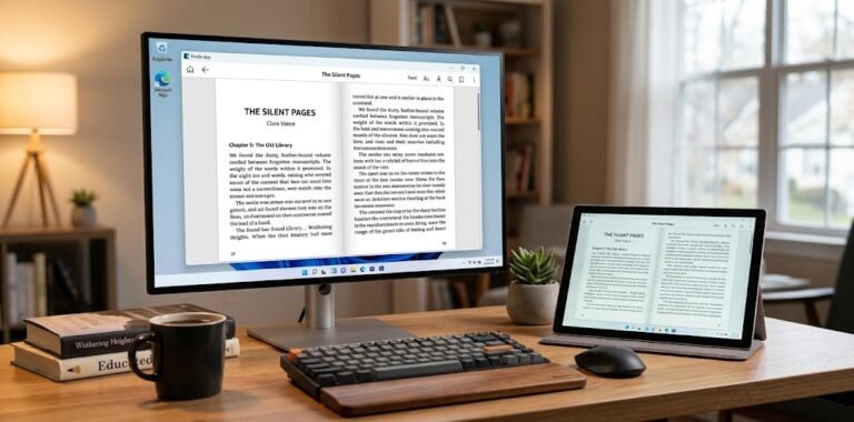 Kindle app for PC displaying digital ebooks on a computer screen.