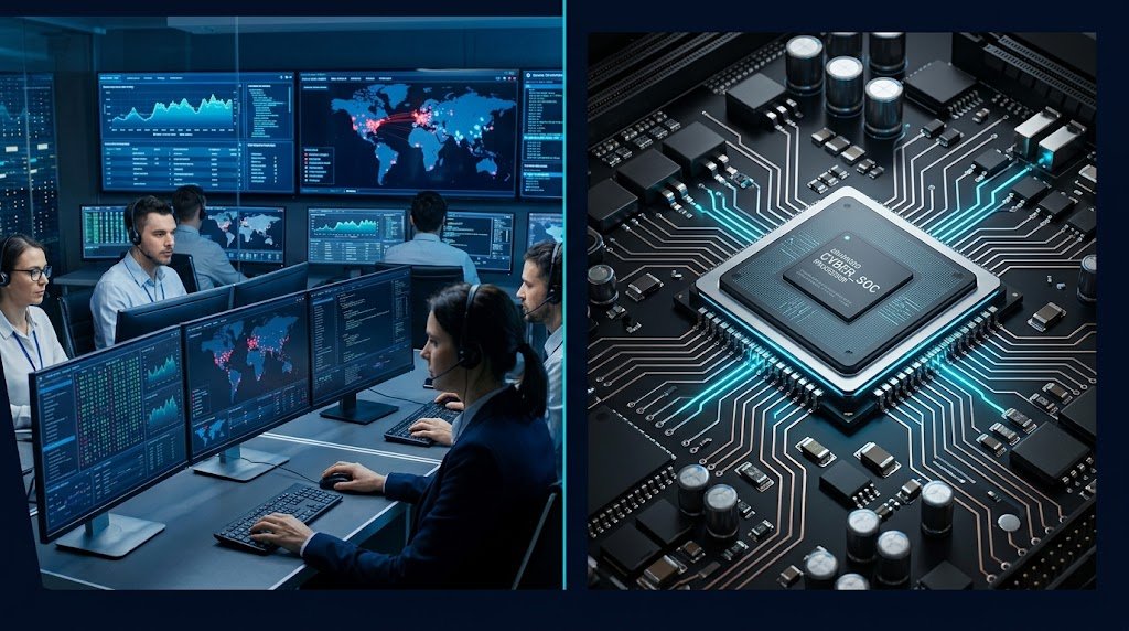 SOC meaning featuring a cybersecurity operations center and a system on a chip.