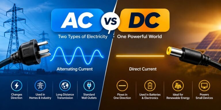 AC vs DC comparison showing alternating current and direct current with electrical symbols and examples.