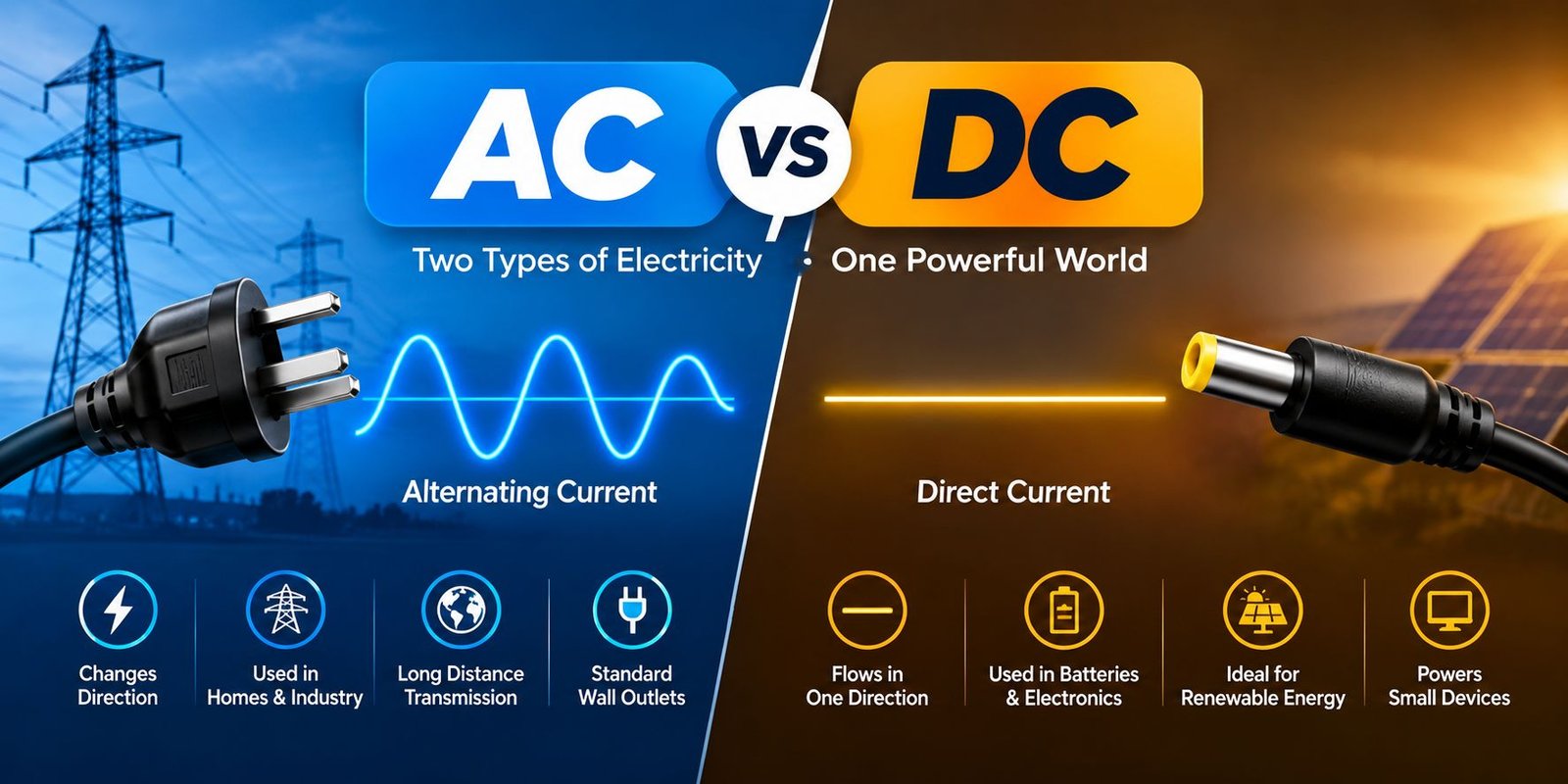AC vs DC comparison showing alternating current and direct current with electrical symbols and examples.