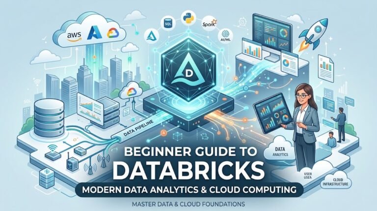 What Is Databricks? Illustration of data analytics, cloud computing, and AI tools.