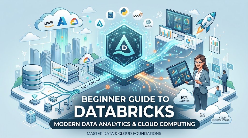What Is Databricks? Illustration of data analytics, cloud computing, and AI tools.