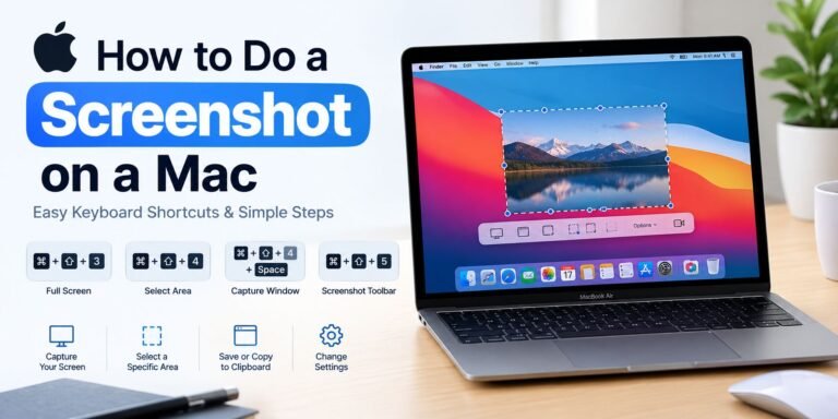 How to do a screenshot on a Mac using keyboard shortcuts, with full-screen, selected-area, and window capture options.