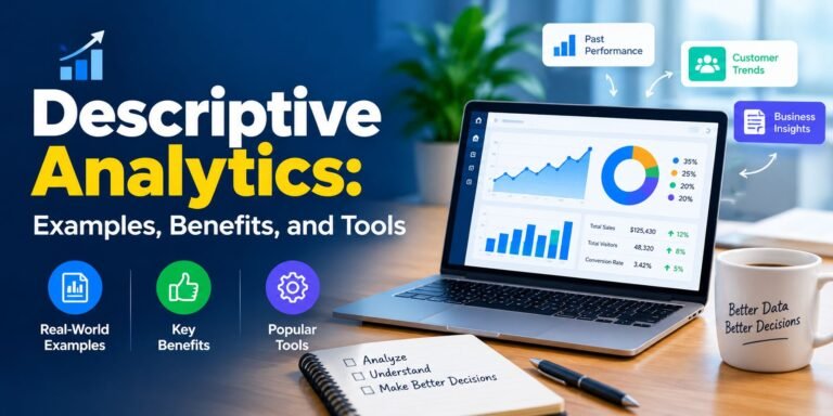 Descriptive analytics dashboard showing charts, business performance metrics, customer trends, and data insights.